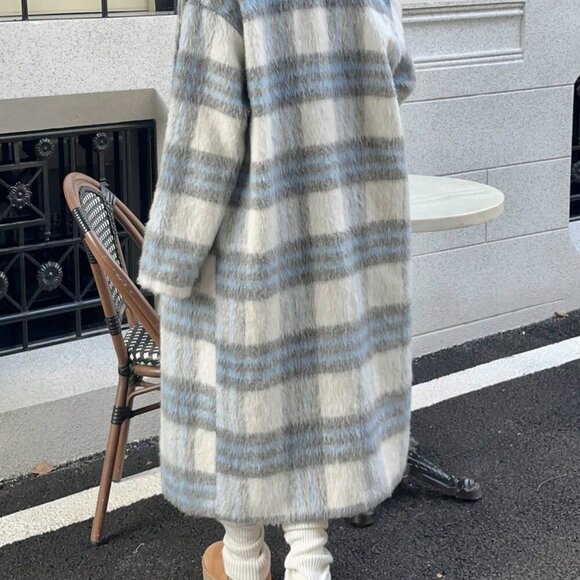 Blue And White Casual Women's Plaid Lined Coat - Picture 3 of 7